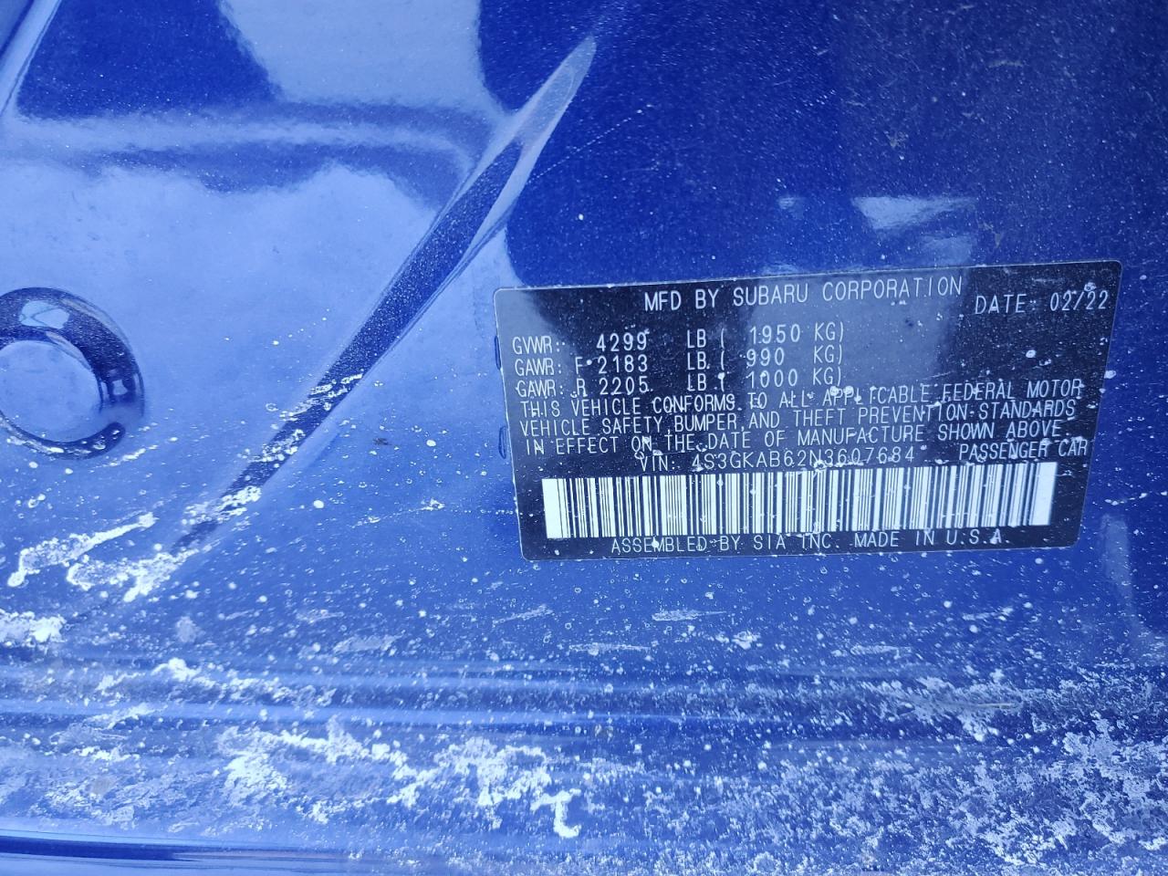 2022 SUBARU IMPREZA VIN:4S3GKAB62N3607684