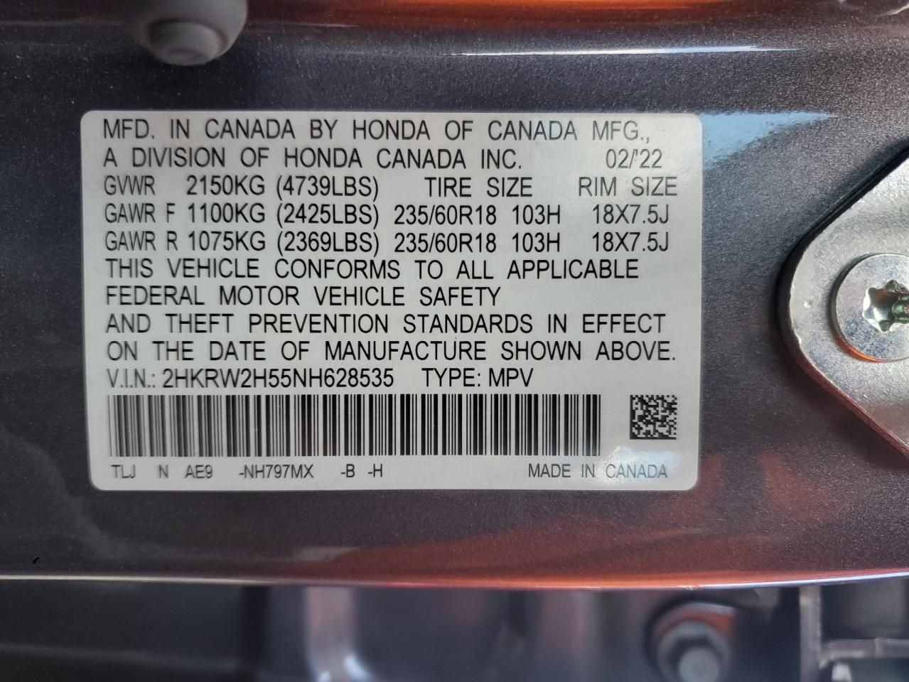 2022 HONDA CR-V EX VIN:2HKRW2H55NH628535