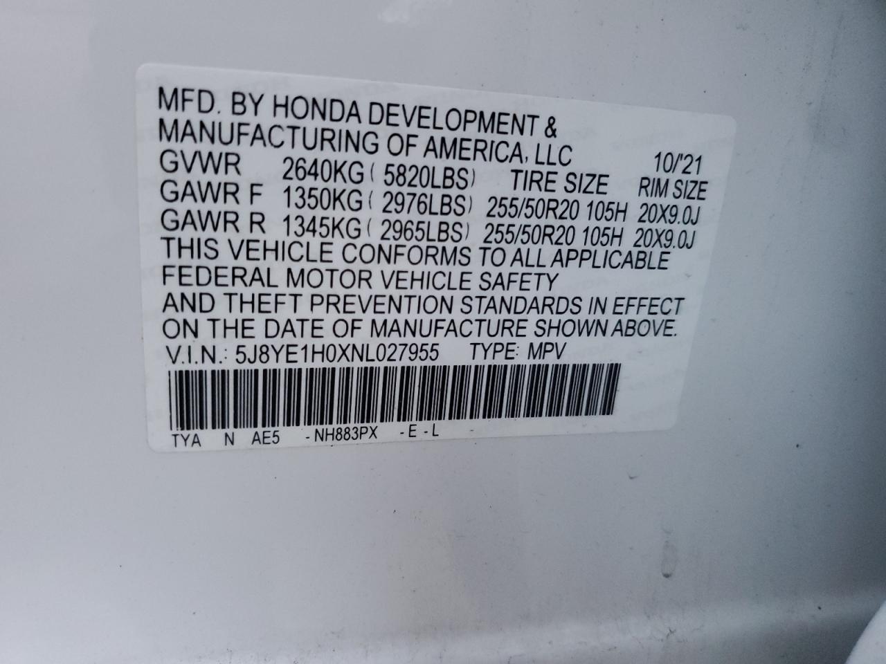 2022 ACURA MDX A-SPEC VIN:5J8YE1H0XNL027955