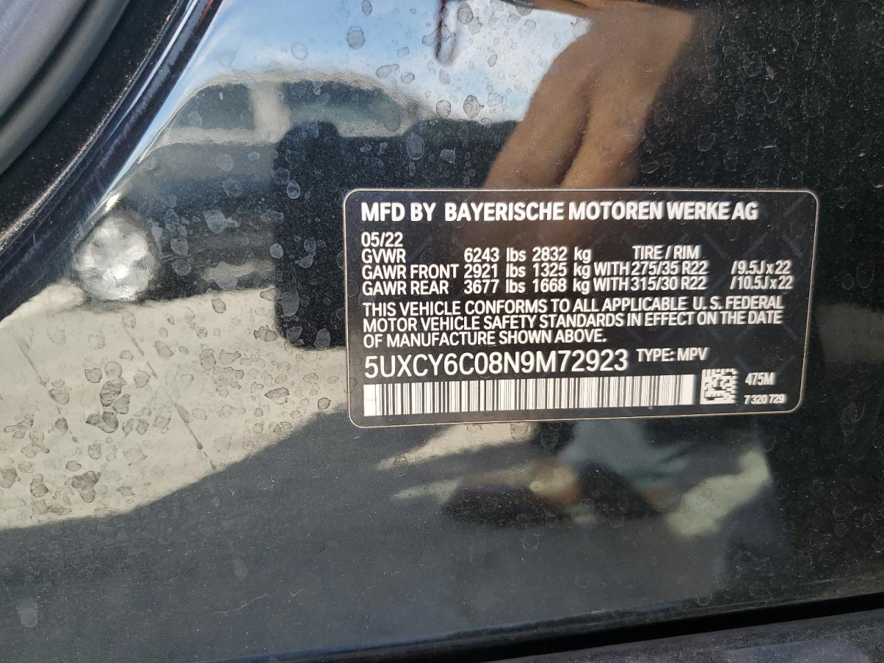 2022 BMW X6 XDRIVE40I VIN:5UXCY6C08N9M72923