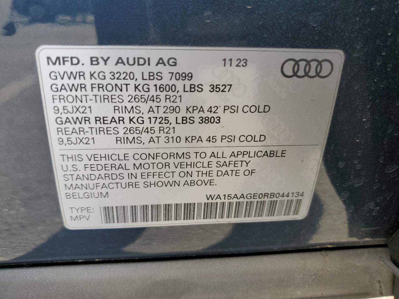 2024 AUDI Q8 E-TRON PREMIUM PLUS VIN:WA15AAGE0RB044134