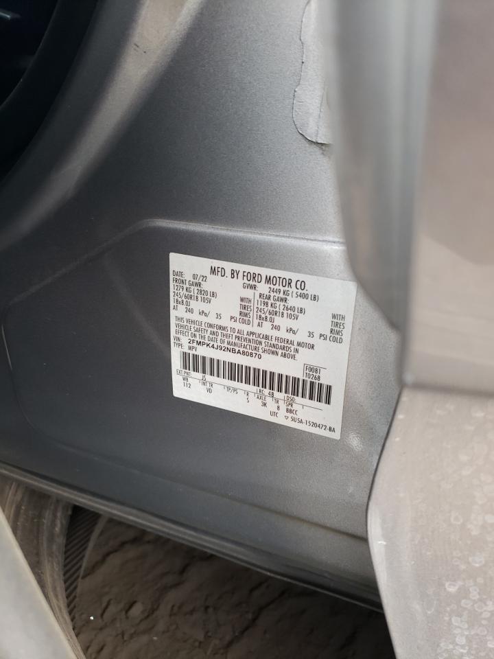 2022 FORD EDGE SEL VIN:2FMPK4J92NBA80870
