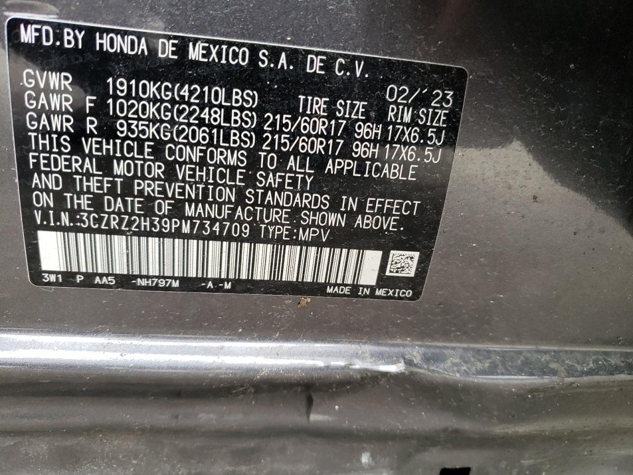 2023 HONDA HR-V LX VIN:3CZRZ2H39PM734709