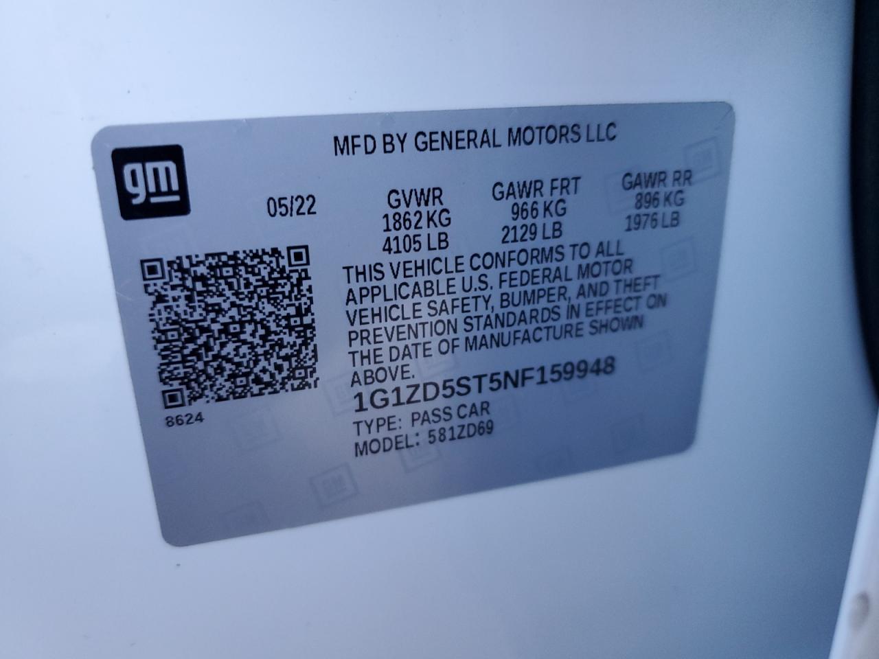 2022 CHEVROLET MALIBU LT VIN:1G1ZD5ST5NF159948