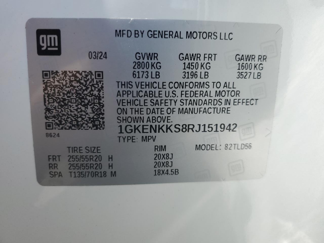 2024 GMC ACADIA UPLEVEL VIN:1GKENKKS8RJ151942