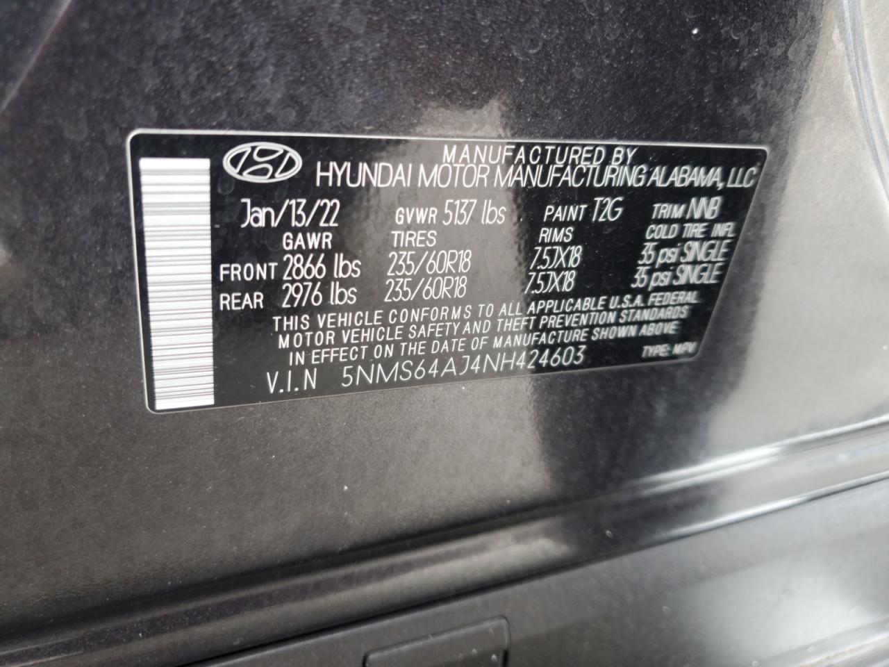 2022 HYUNDAI SANTA FE SEL VIN:5NMS64AJ4NH424603