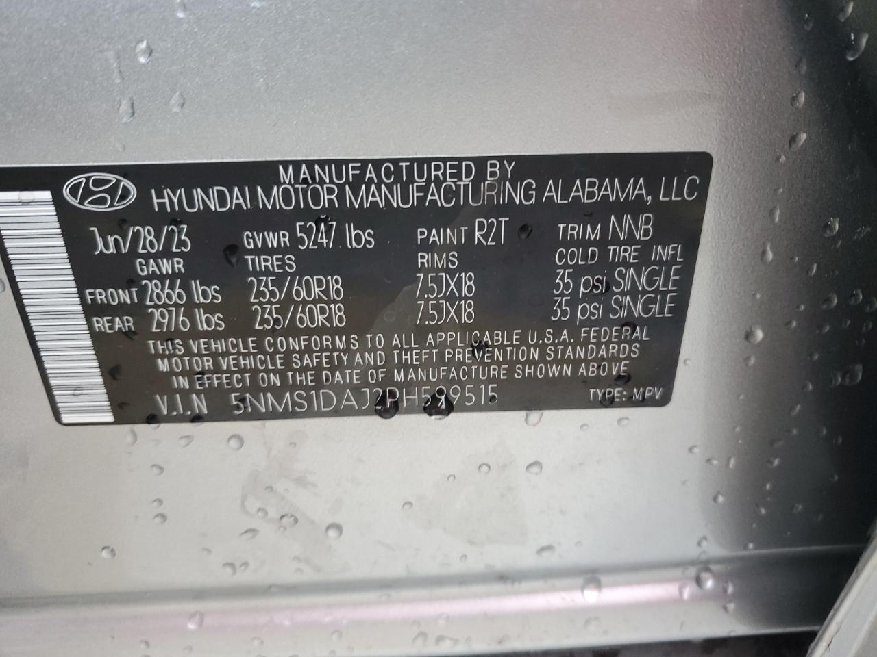 2023 HYUNDAI SANTA FE SE VIN:5NMS1DAJ2PH599515