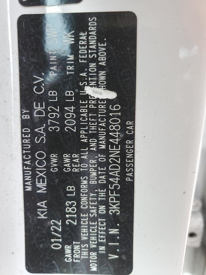 2022 KIA FORTE GT LINE VIN:3KPF54AD2NE448016