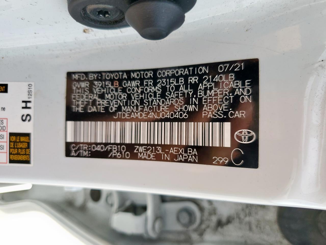 2022 TOYOTA COROLLA LE VIN:JTDEAMDE4NJ040406