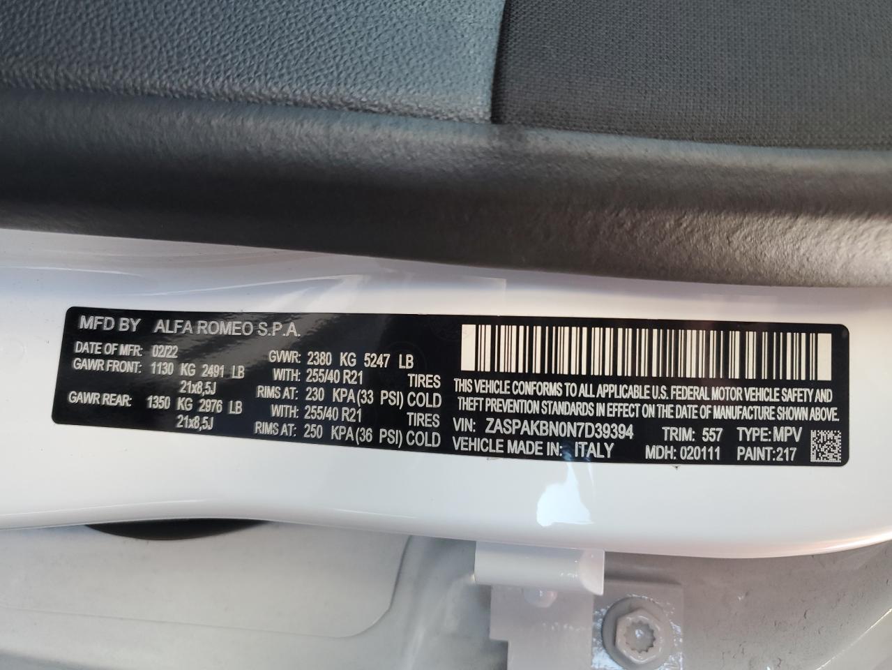 2022 ALFA ROMEO STELVIO TI VIN:ZASPAKBN0N7D39394