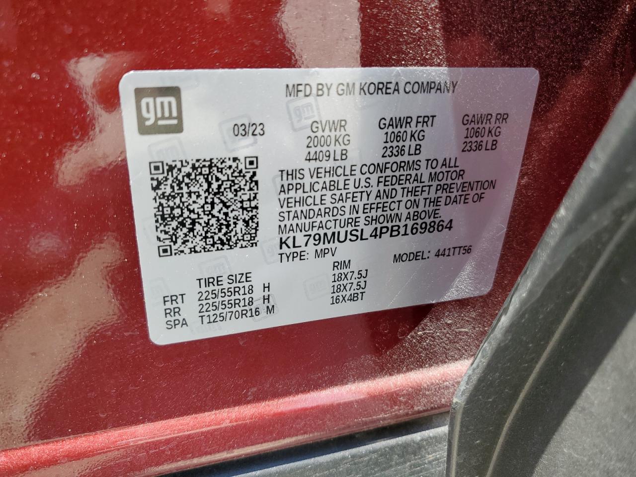 2023 CHEVROLET TRAILBLAZER RS VIN:KL79MUSL4PB169864