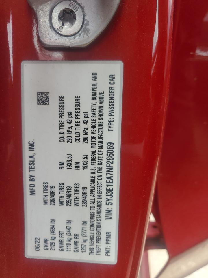 2022 TESLA MODEL 3 VIN:5YJ3E1EA7NF286069