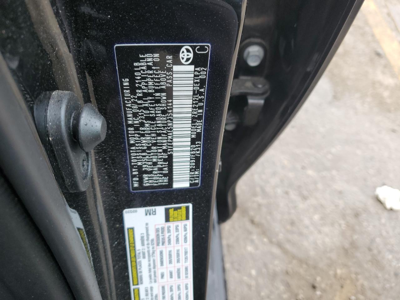 2022 TOYOTA COROLLA LE VIN:5YFEPMAE5NP354144