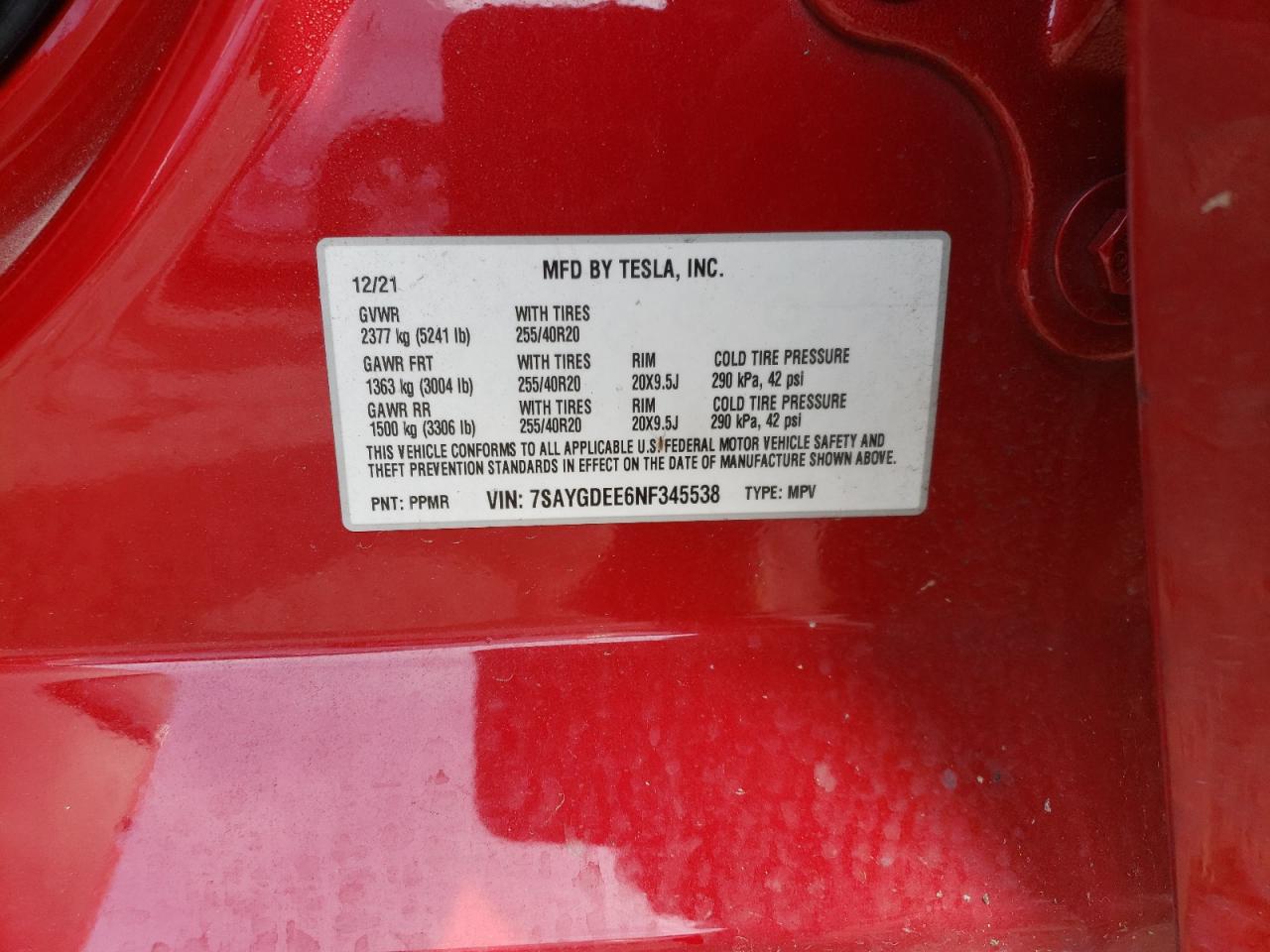 2022 TESLA MODEL Y VIN:7SAYGDEE6NF345538