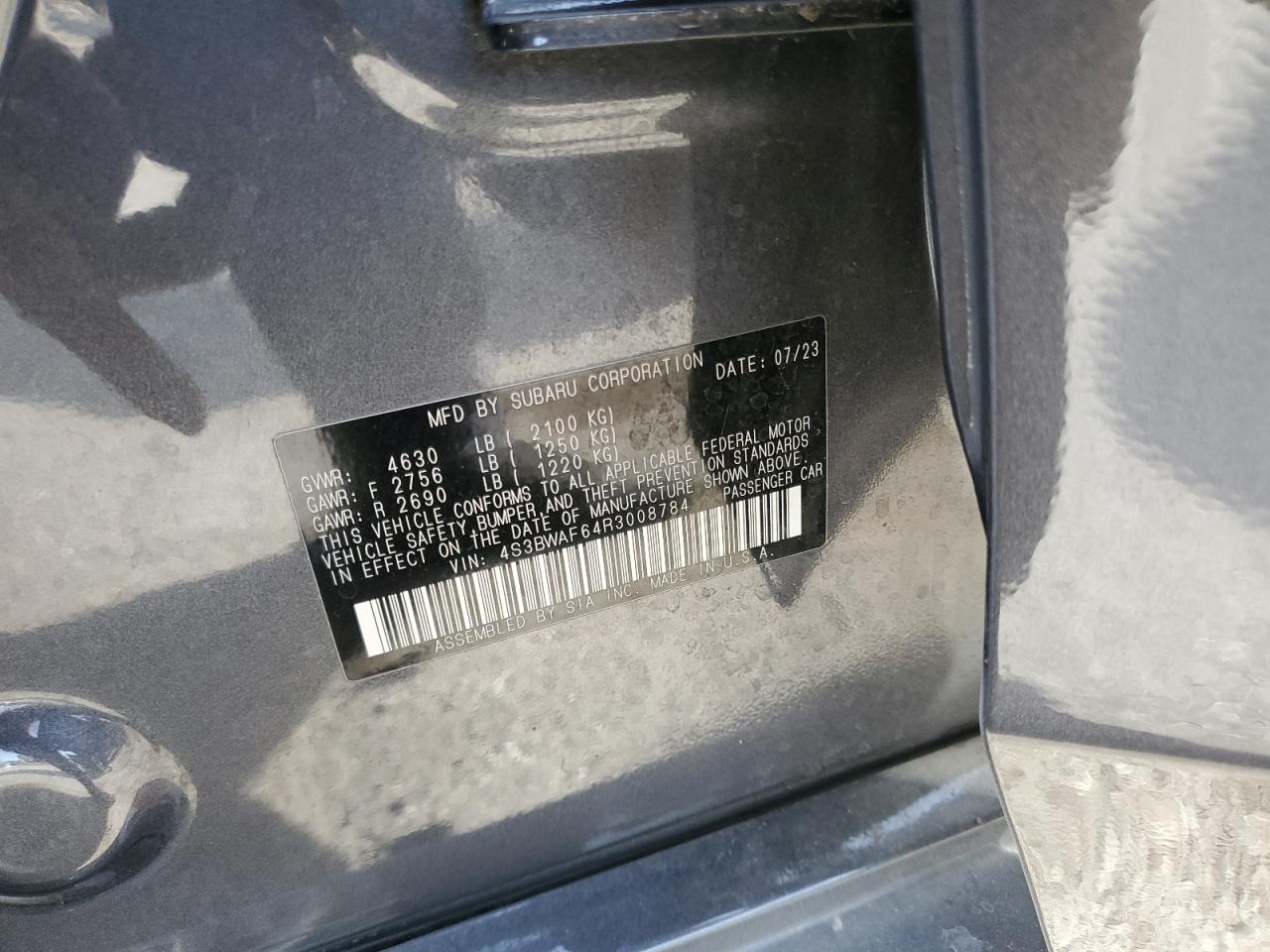 2024 SUBARU LEGACY PREMIUM VIN:4S3BWAF64R3008784