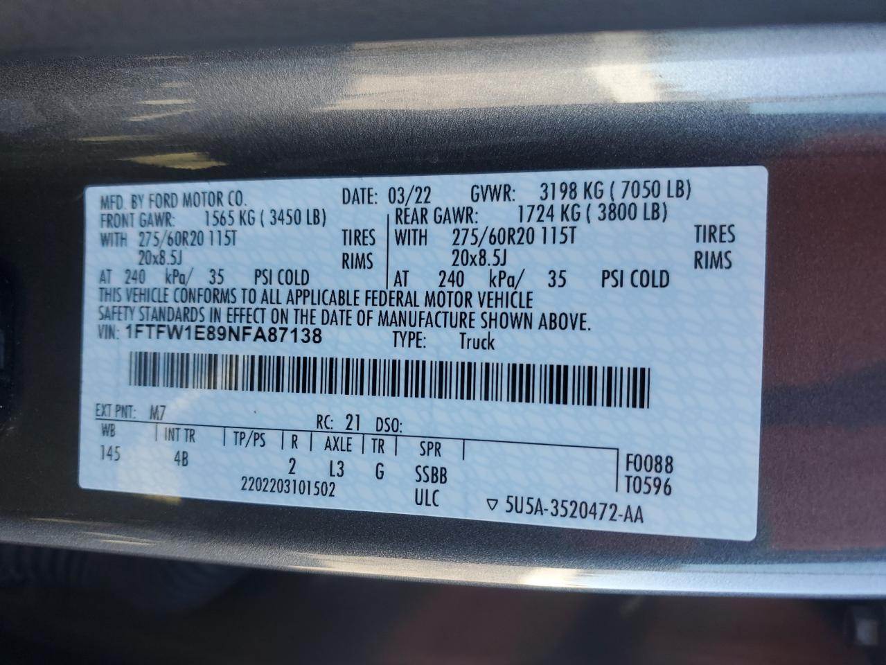 2022 FORD F150 SUPERCREW VIN:1FTFW1E89NFA87138