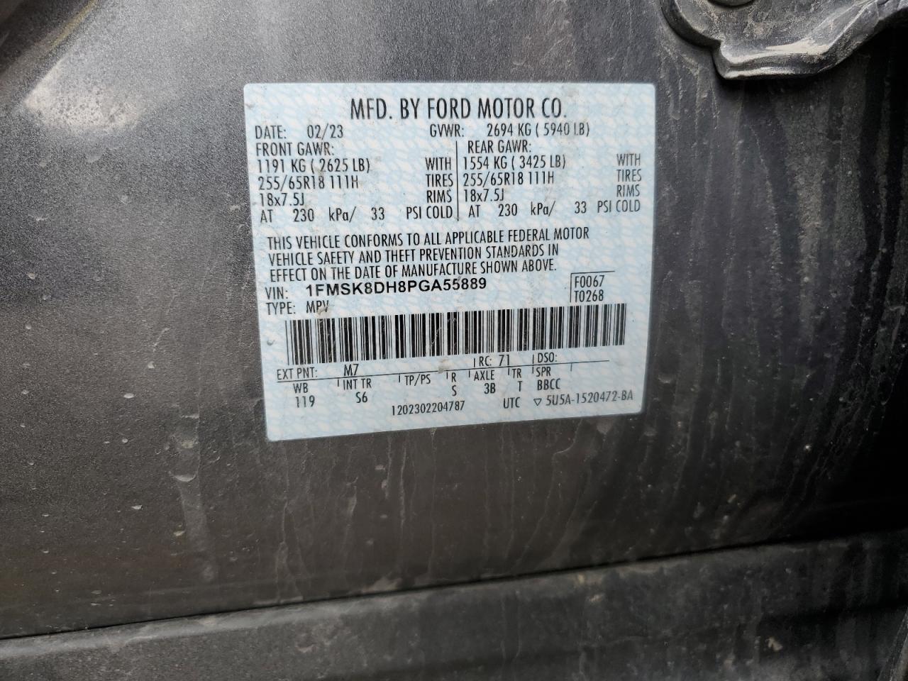 2023 FORD EXPLORER XLT VIN:1FMSK8DH8PGA55889