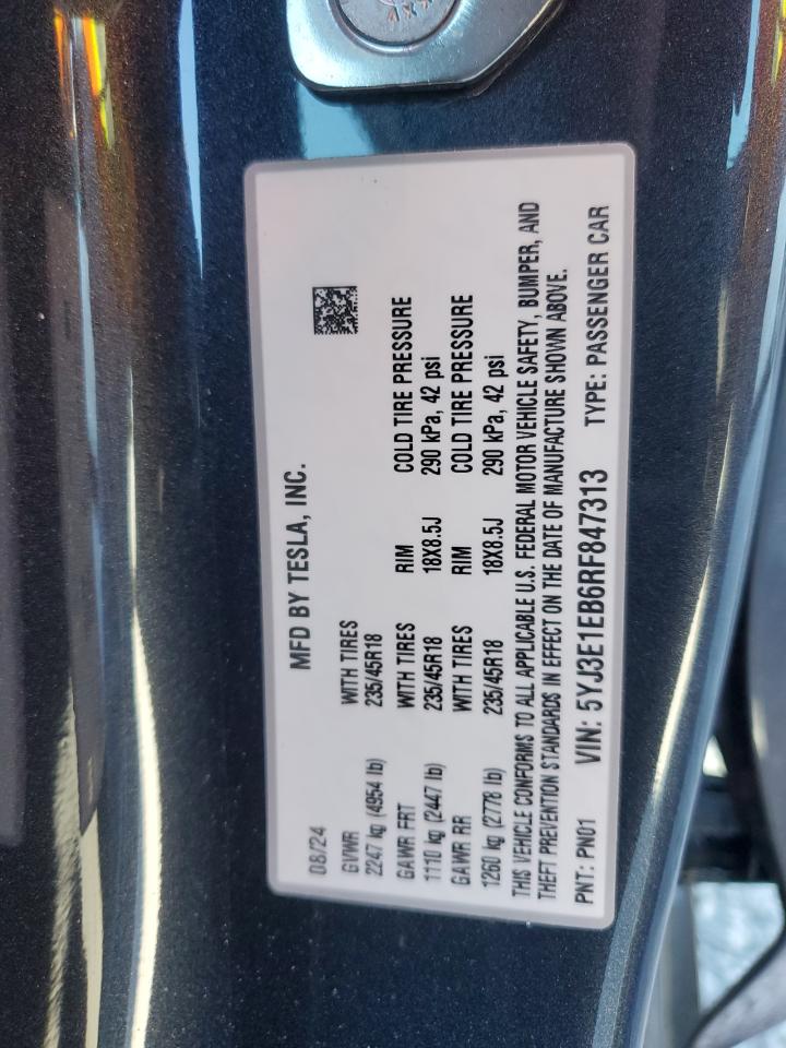 2024 TESLA MODEL 3 VIN:5YJ3E1EB6RF847313