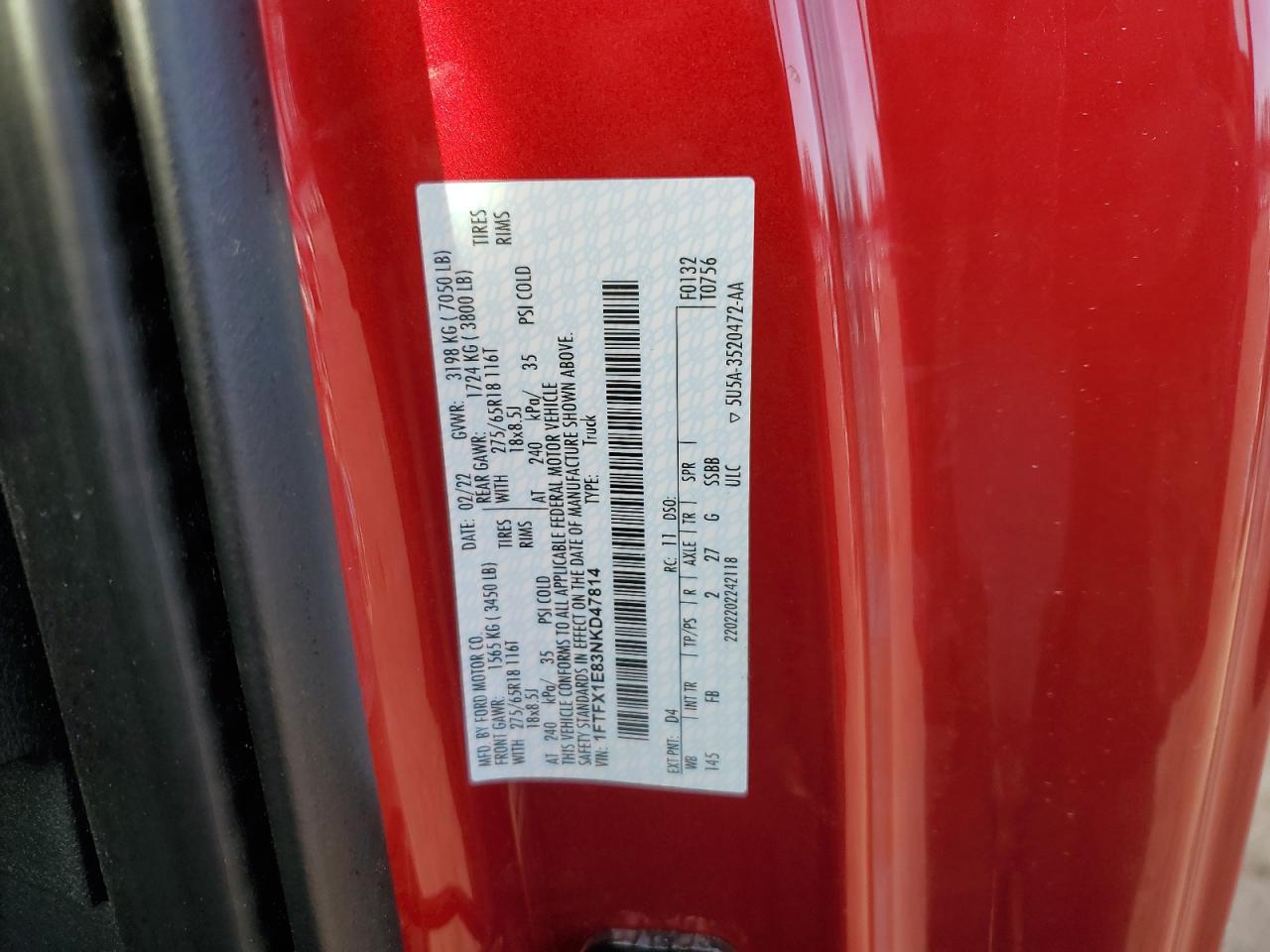 2022 FORD F150 SUPER CAB VIN:1FTFX1E83NKD47814