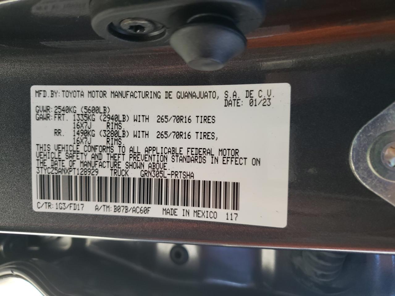 2023 TOYOTA TACOMA DOUBLE CAB VIN:3TYCZ5ANXPT128929