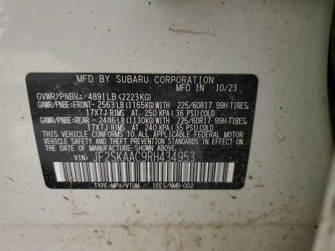 2024 SUBARU FORESTER VIN:JF2SKAAC9RH434953