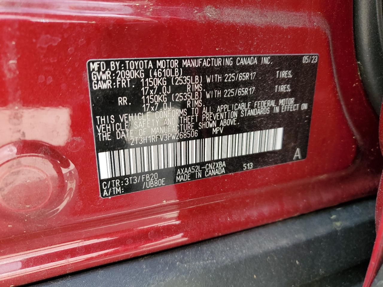 2023 TOYOTA RAV4 LE VIN:2T3H1RFV3PW268506