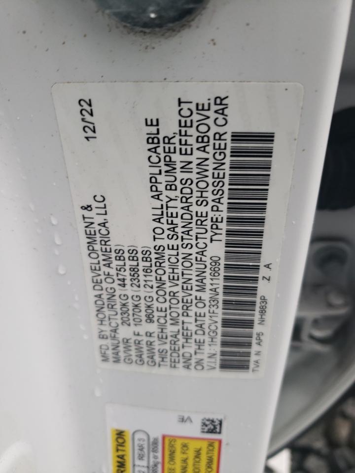 2022 HONDA ACCORD SPORT VIN:1HGCV1F33NA116690