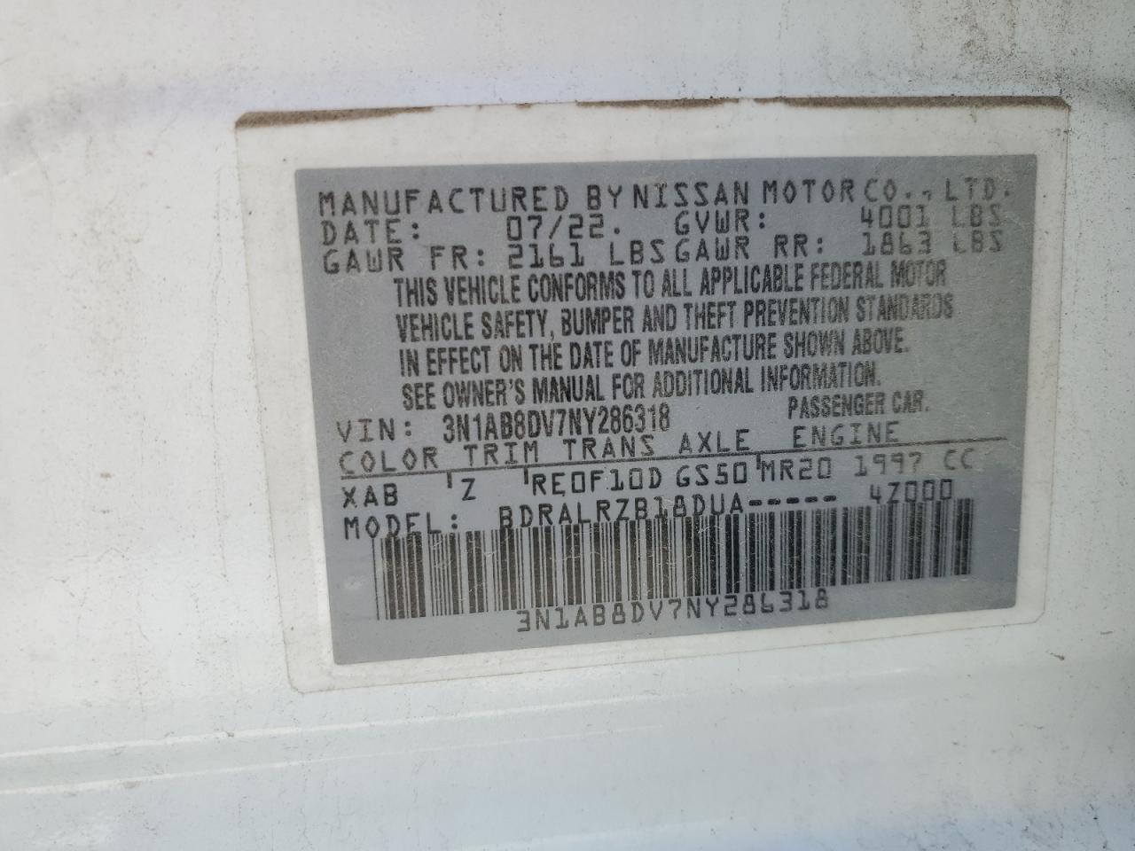 2022 NISSAN SENTRA SR VIN:3N1AB8DV7NY286318