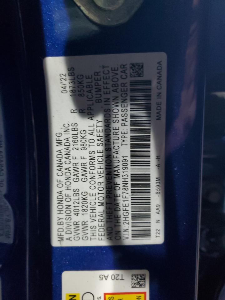2022 HONDA CIVIC EX VIN:2HGFE1F78NH319091