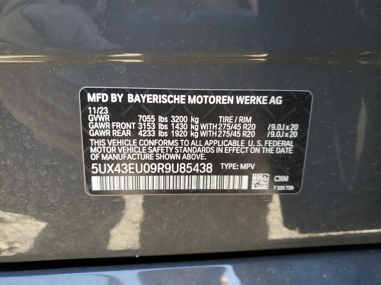 2024 BMW X5 XDRIVE50E VIN:5UX43EU09R9U85438