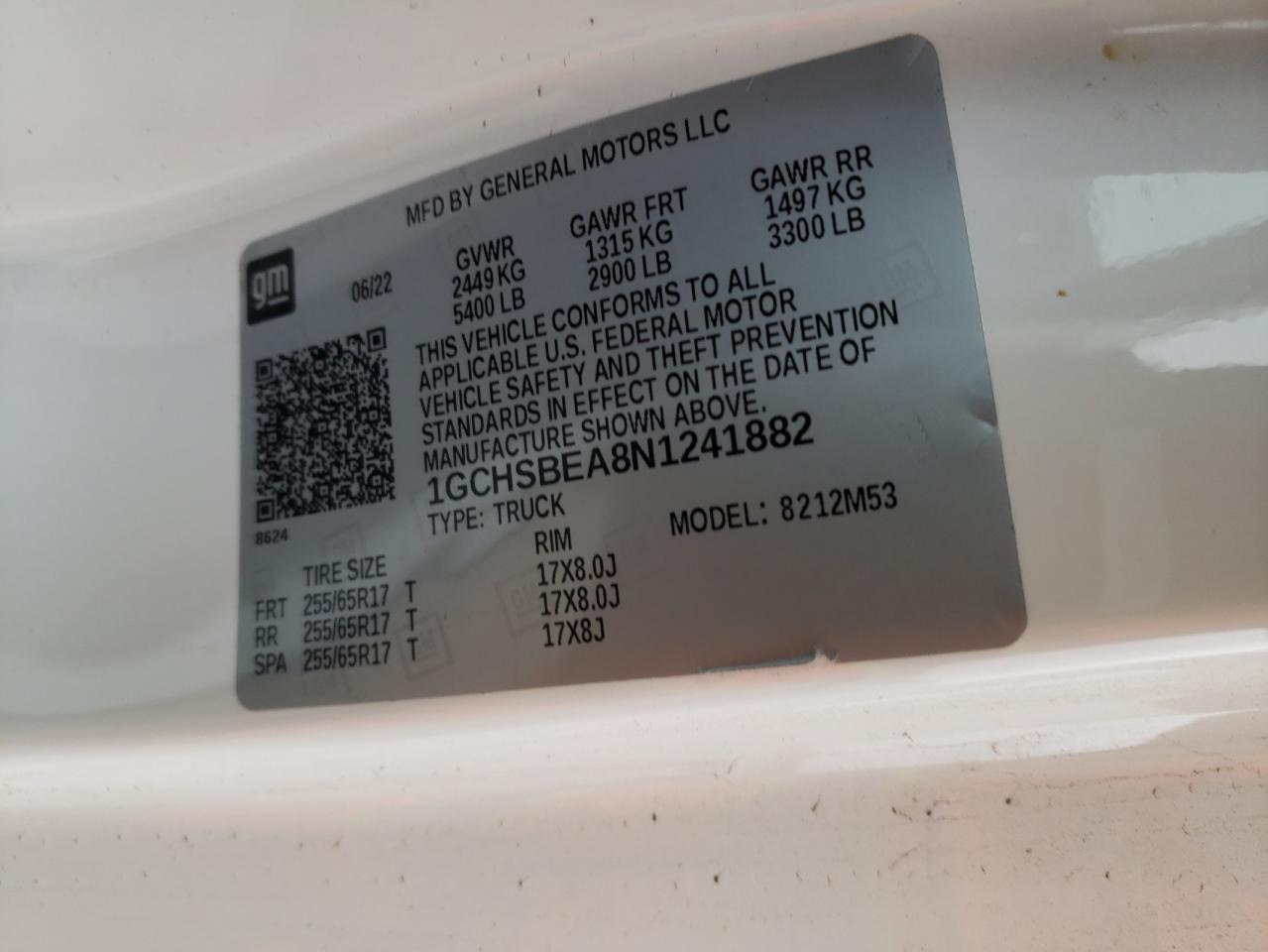 2022 CHEVROLET COLORADO VIN:1GCHSBEA8N1241882