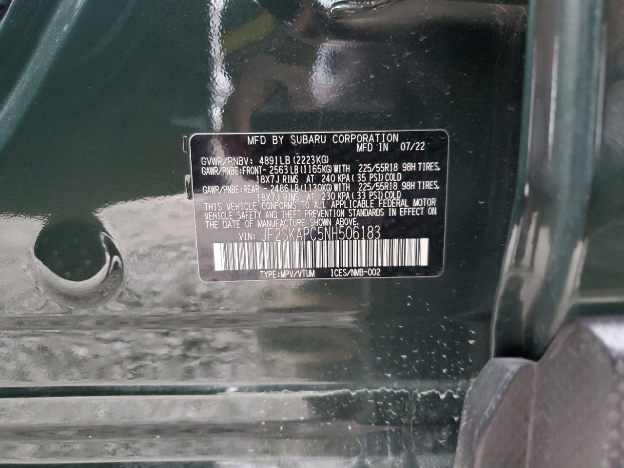 2022 SUBARU FORESTER LIMITED VIN:JF2SKAPC5NH506183