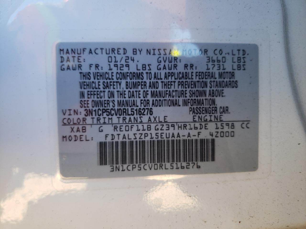 2024 NISSAN KICKS SV VIN:3N1CP5CV0RL516276