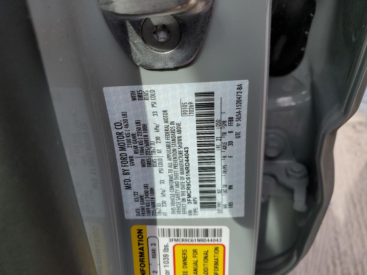 2022 FORD BRONCO SPORT OUTER BANKS VIN:3FMCR9C61NRD44043