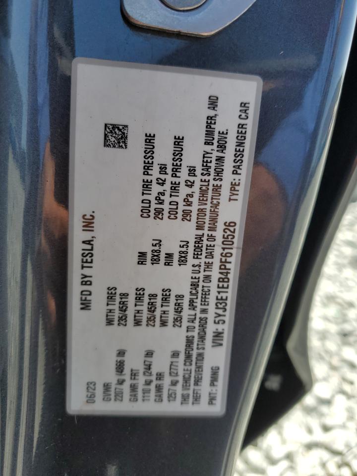 2023 TESLA MODEL 3 VIN:5YJ3E1EB4PF610526