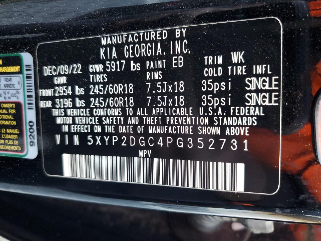 2023 KIA TELLURIDE LX VIN:5XYP2DGC4PG352731
