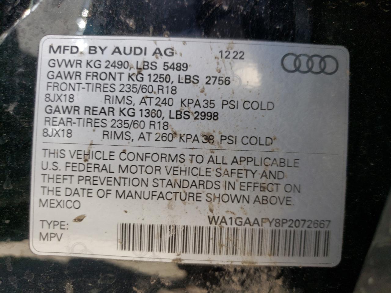 2023 AUDI Q5 PREMIUM 45 VIN:WA1GAAFY8P2072667