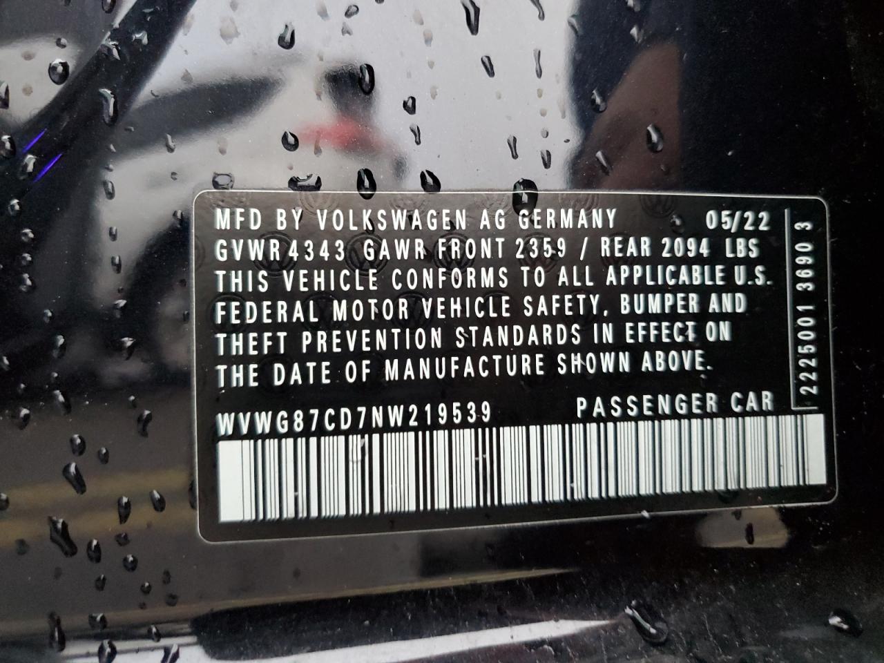 2022 VOLKSWAGEN GTI S VIN:WVWG87CD7NW219539
