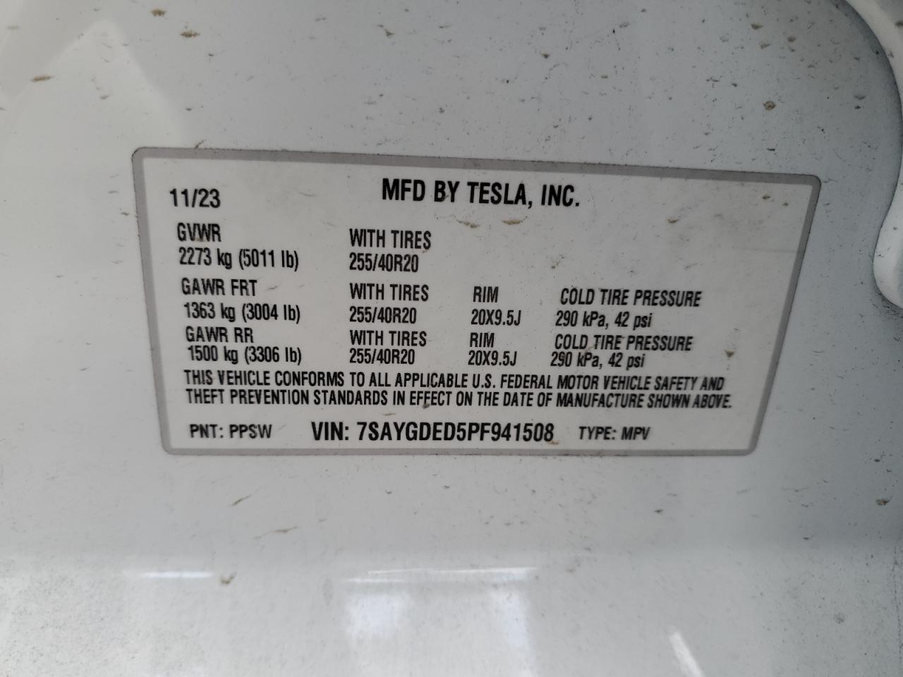 2023 TESLA MODEL Y VIN:1FM5K8F81DGA52838