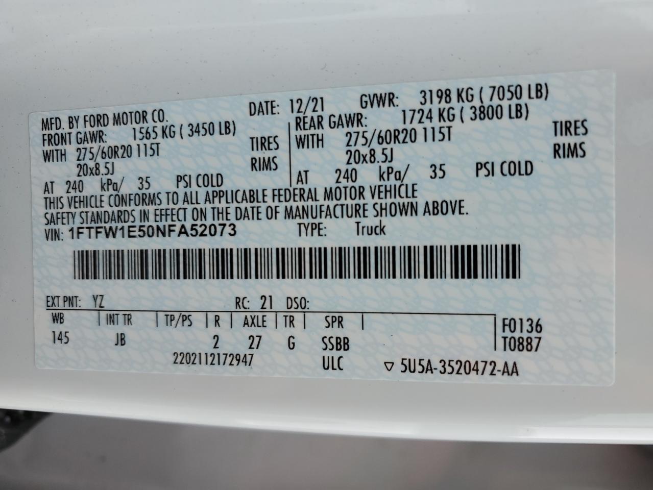 2022 FORD F150 SUPERCREW VIN:1FTFW1E50NFA52073