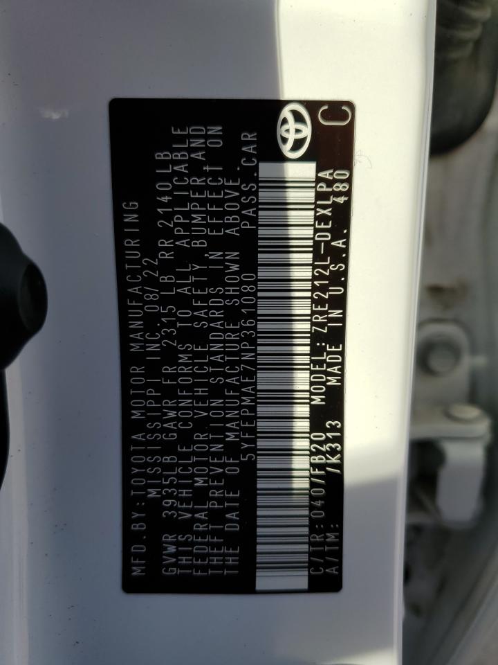 2022 TOYOTA COROLLA LE VIN:5YFEPMAE7NP361080