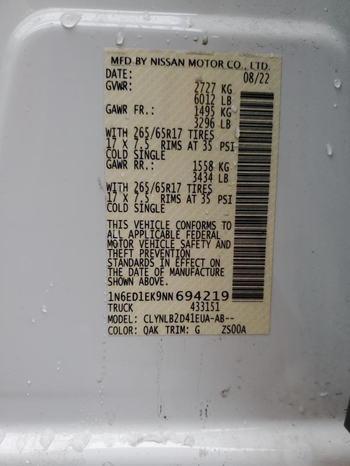 2022 NISSAN FRONTIER S VIN:1N6ED1EK9NN694219