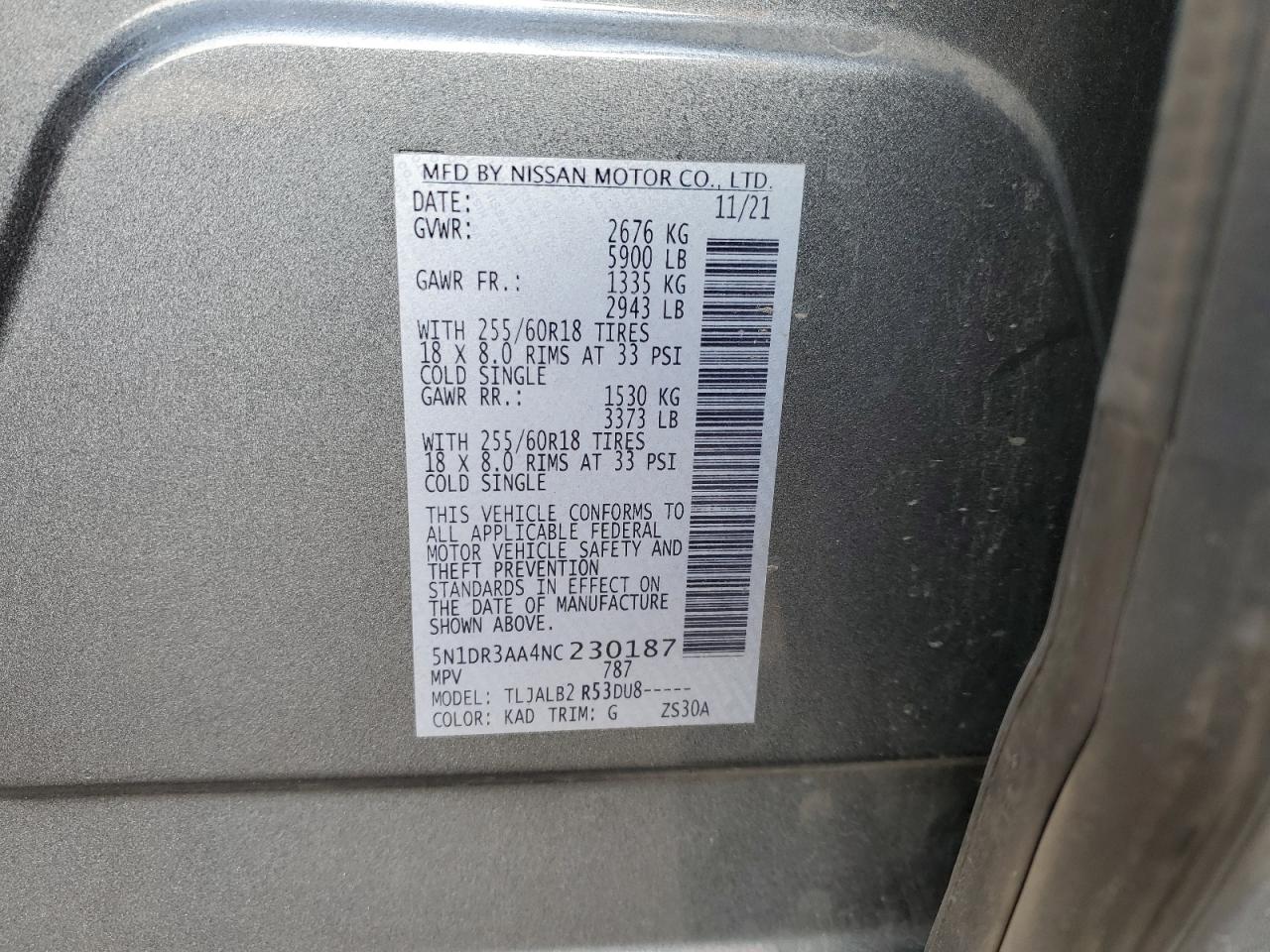 2022 NISSAN PATHFINDER S VIN:5N1DR3AA4NC230187