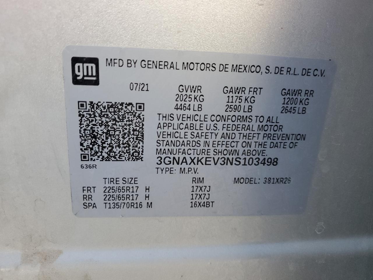 2022 CHEVROLET EQUINOX LT VIN:3GNAXKEV3NS103498