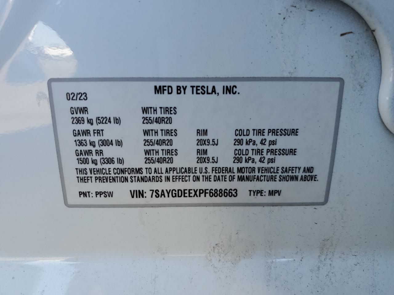 2023 TESLA MODEL Y VIN:7SAYGDEEXPF688663