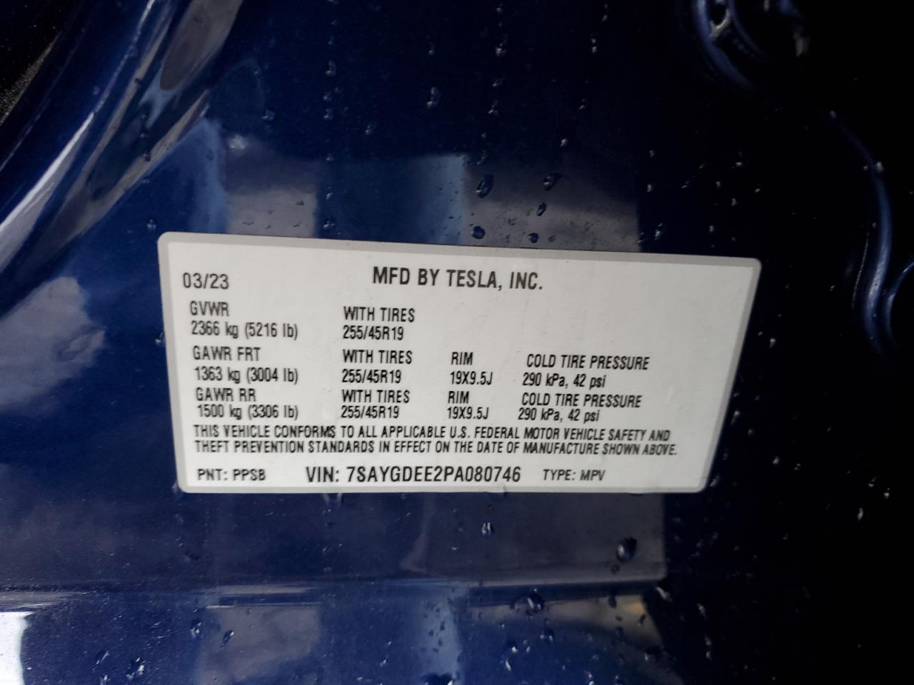 2023 TESLA MODEL Y VIN:7SAYGDEE2PA080746
