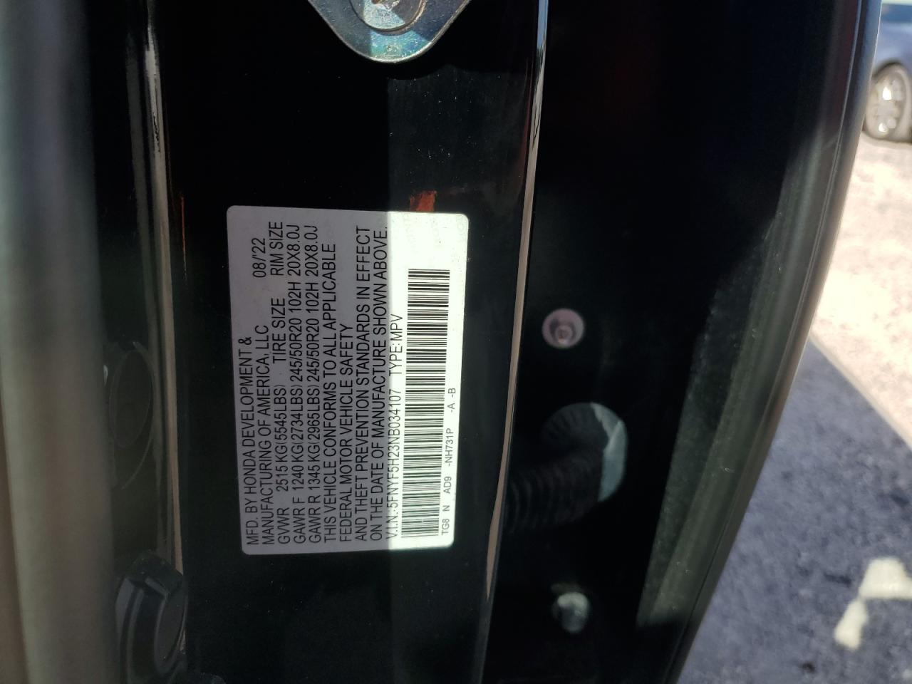 2022 HONDA PILOT SE VIN:5FNYF5H23NB034107