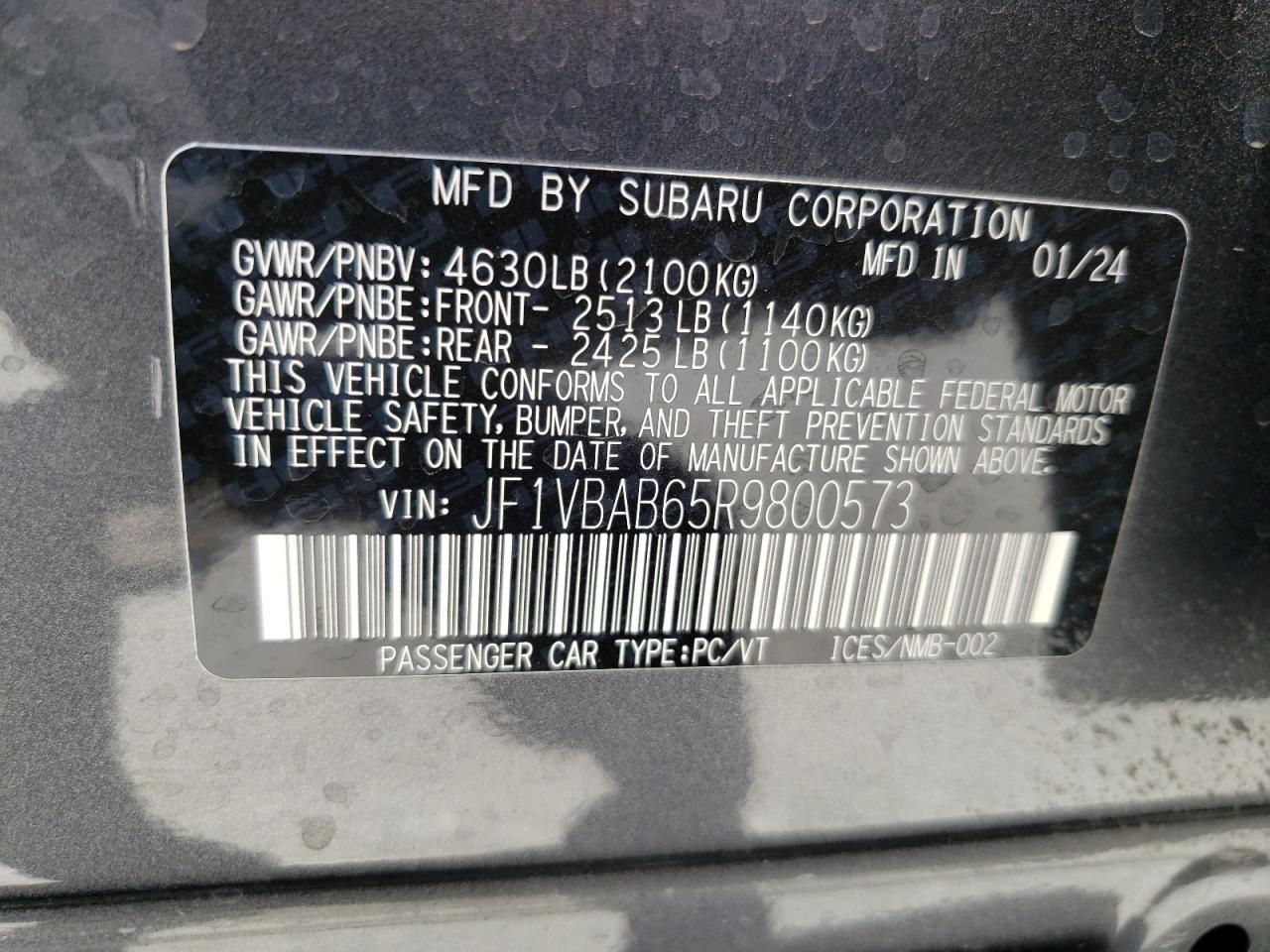 2024 SUBARU WRX VIN:JF1VBAB65R9800573