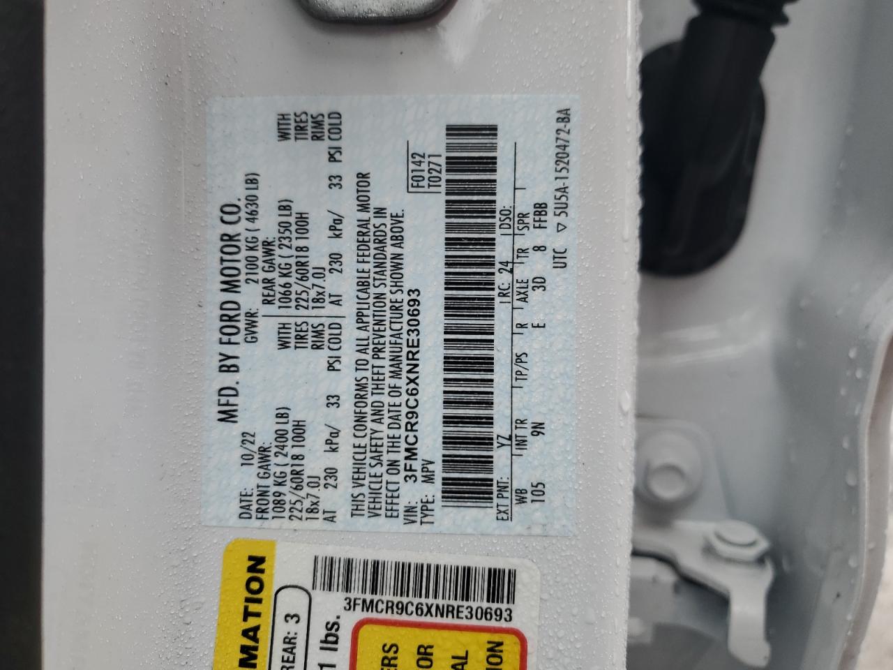 2022 FORD BRONCO SPORT OUTER BANKS VIN:3FMCR9C6XNRE30693