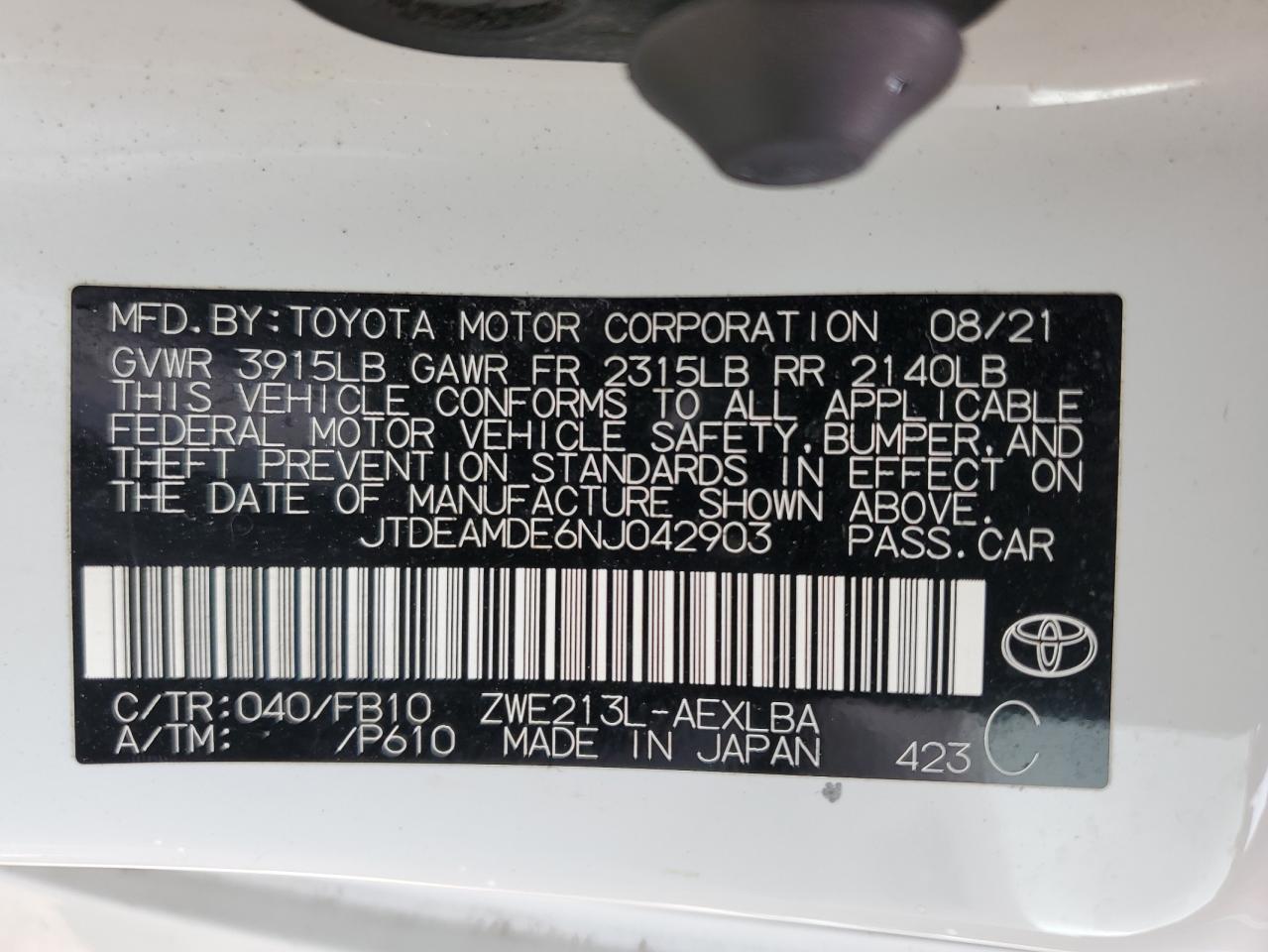 2022 TOYOTA COROLLA LE VIN:JTDEAMDE6NJ042903